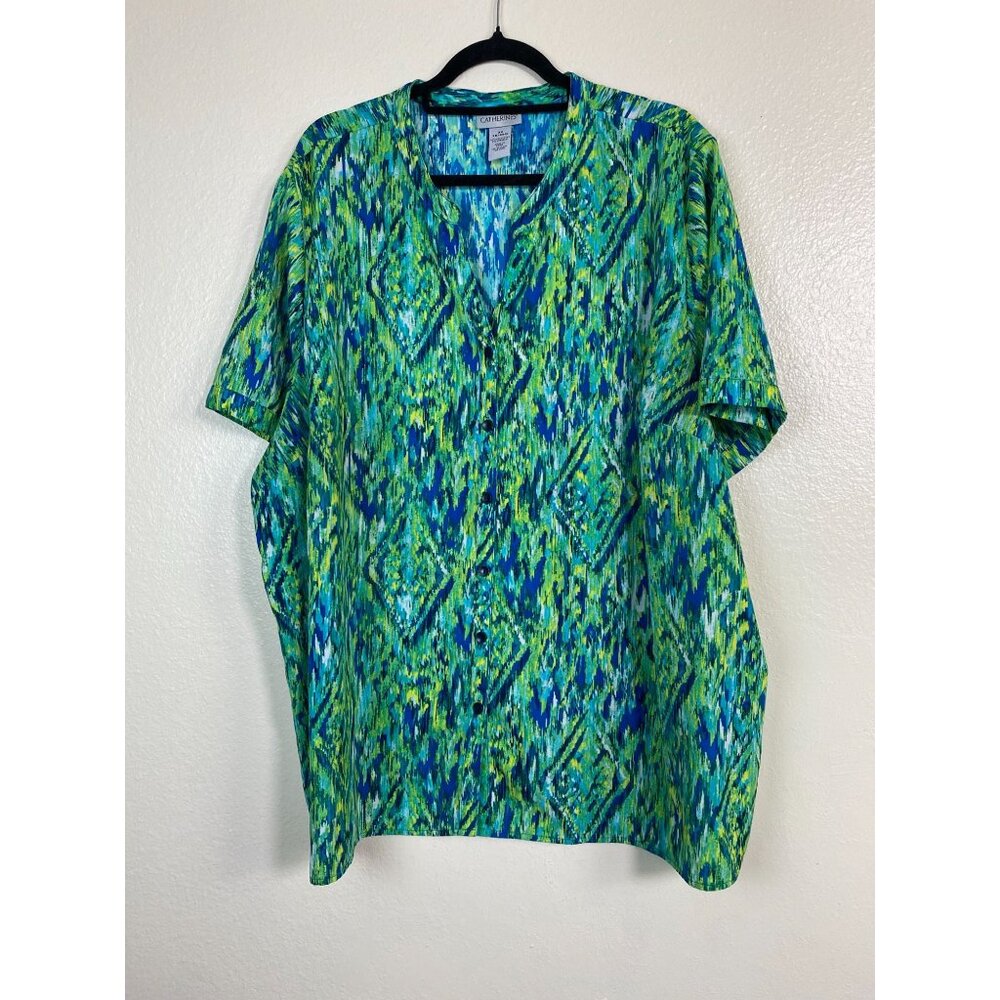Catherines Abstract Short‎ Sleeves Top Women Plus Size 3X Boho Green Button Up